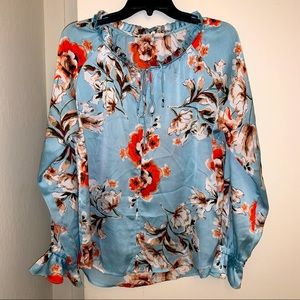 MELLODAY Blue Floral Printed Blouse Petite Size Medium